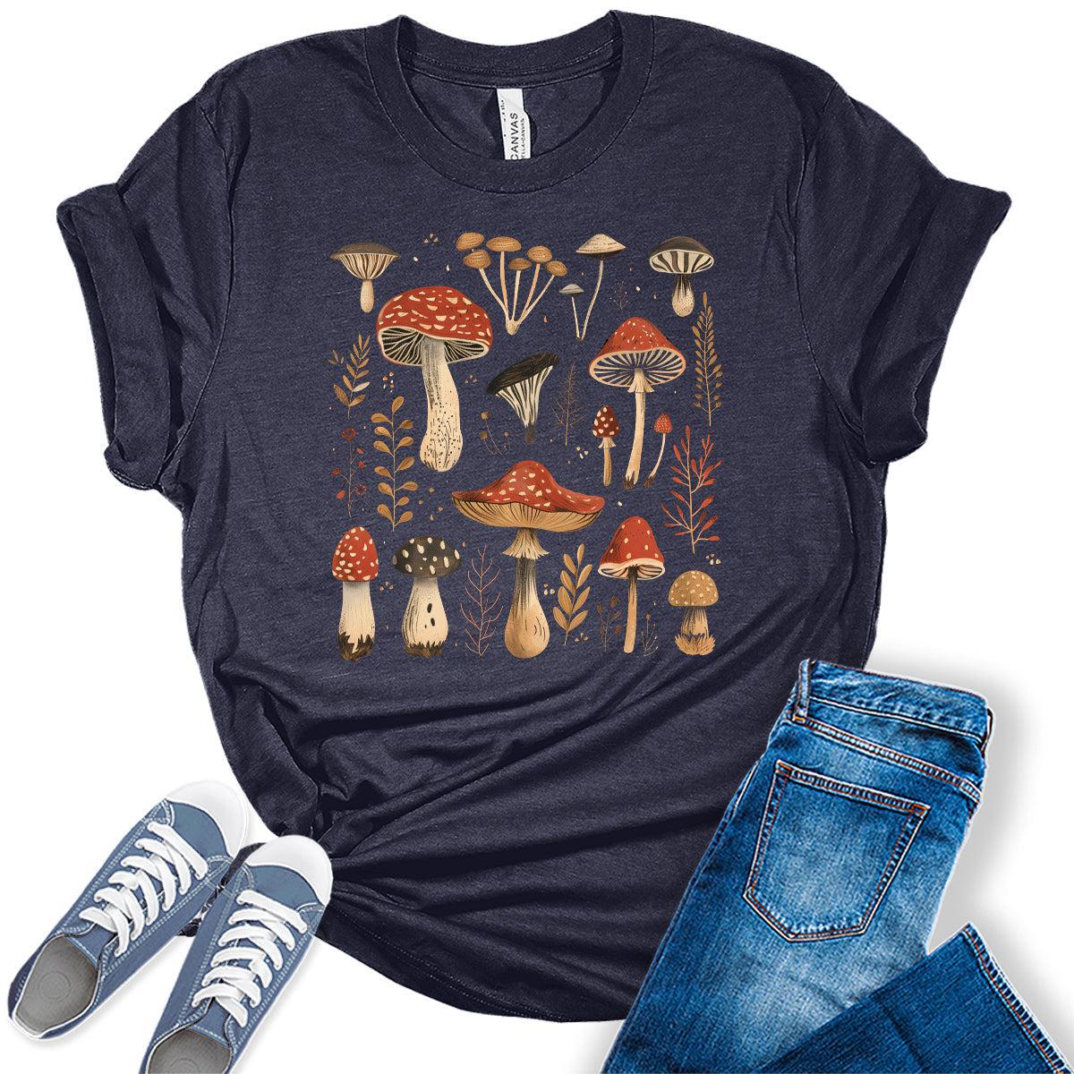 Women's Vintage Summer Mushroom Shirts Cottagecore Cute Trendy Casual Graphic Tees Bella Plus Sized Tops