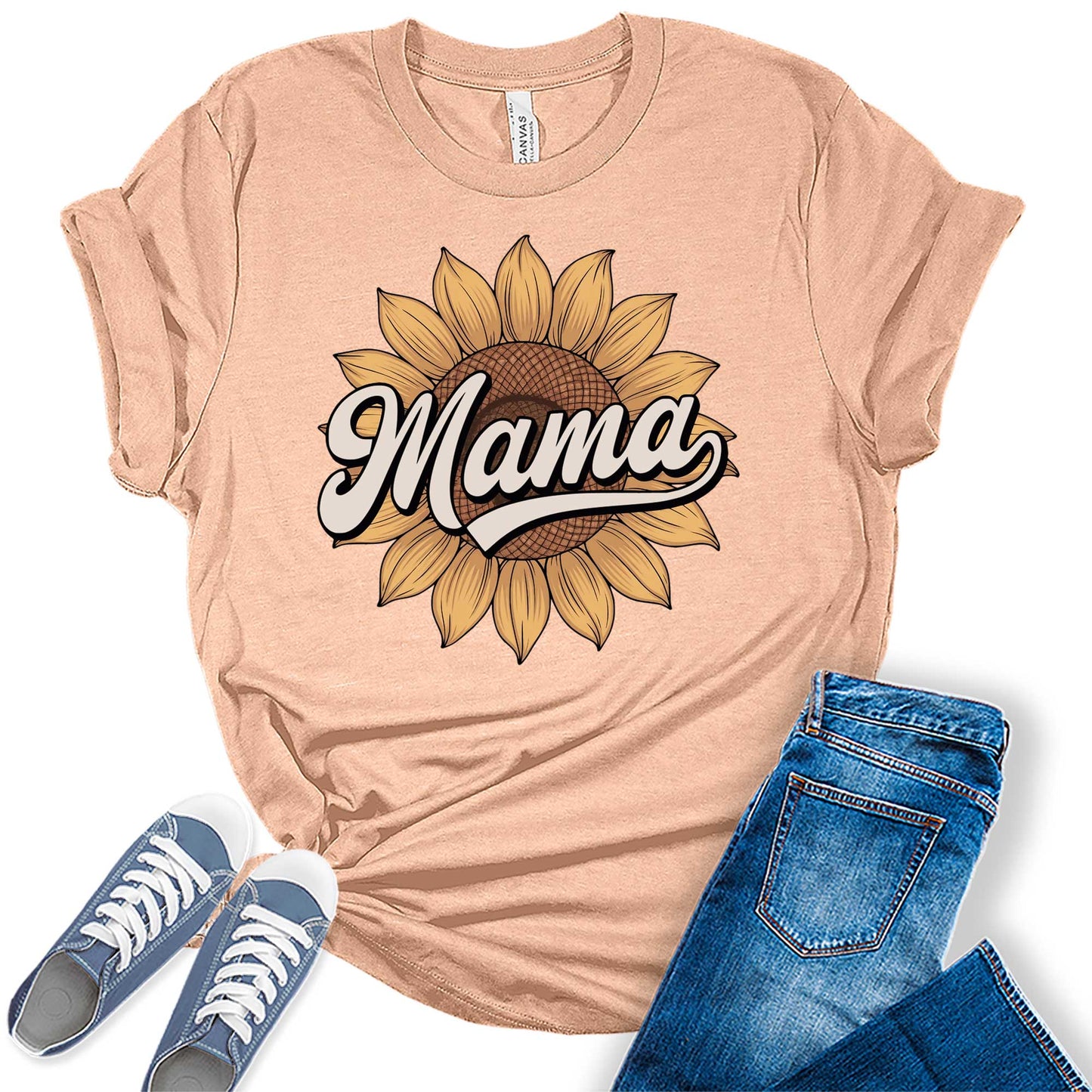 Women's Retro Mama Sunflower Floral Summer Vintage Casual Graphic Tees Bella Plus Sized Tops
