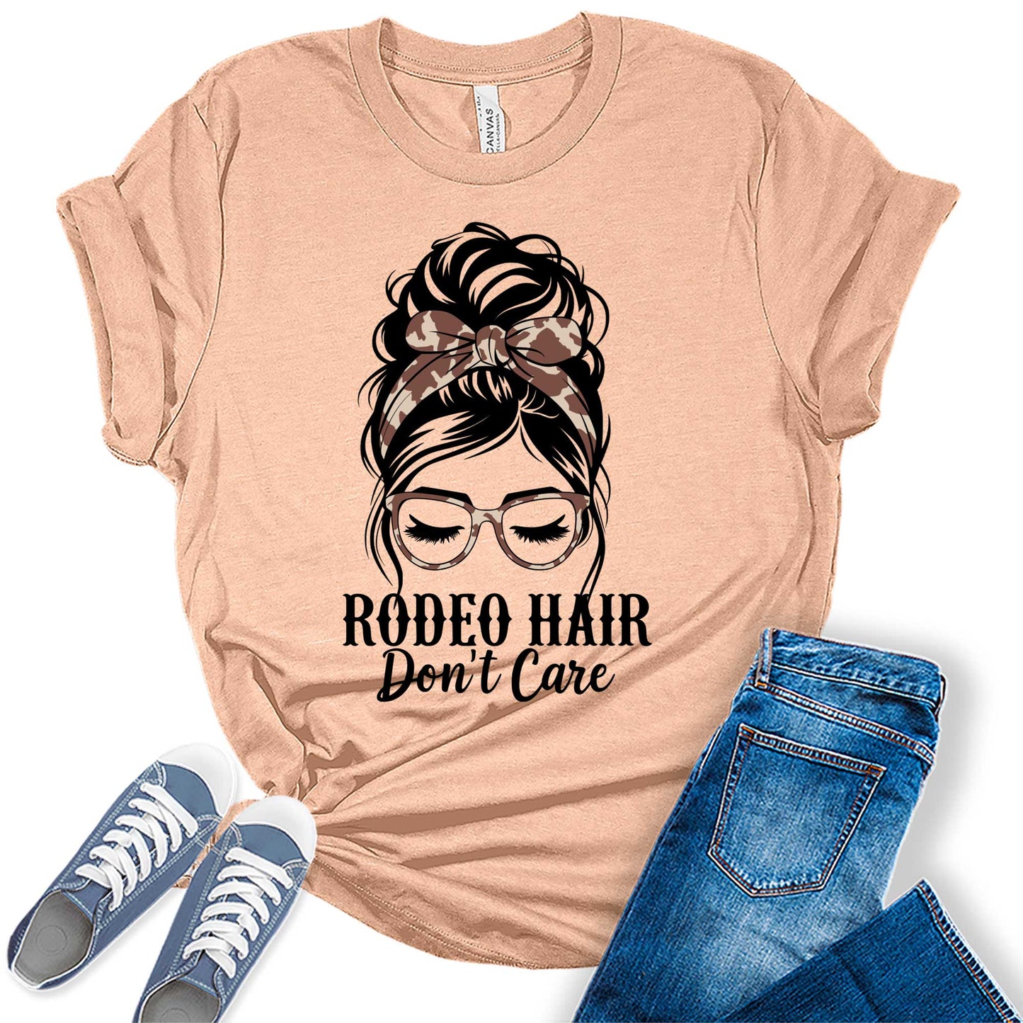 Western Outfit For Women Summer Rodeo Hair Don't Care Messy Bun Graphic Tees Bella Plus Size Tops