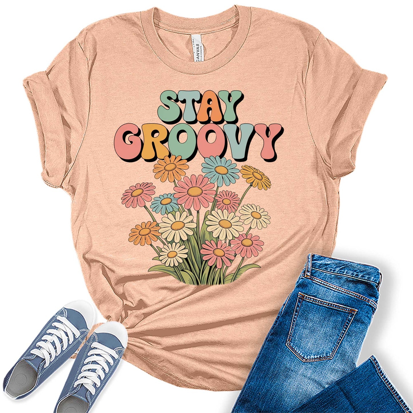 Women's Retro Stay Groovy Shirt Casual 70s Hippie Graphic Tees Bella Plus Sized Tops