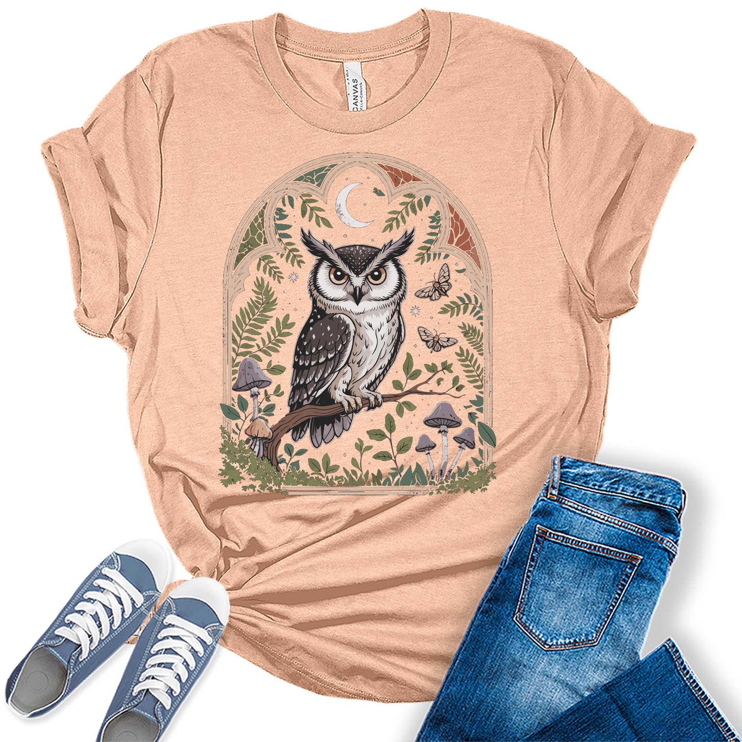 Womens Owl Mushroom Moon Graphic Tees Spring Moth Cottagecore T Shirts Bella Summer Tops