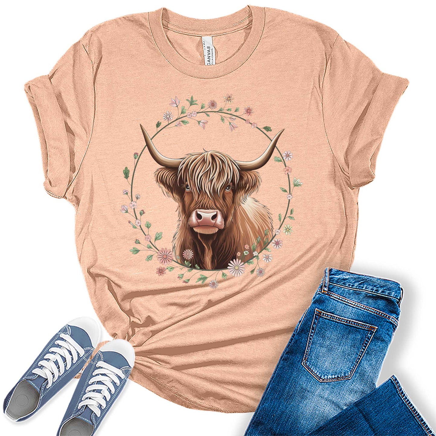 Floral Highland Cow Shirt Cute Cowgirl Tshirt Plus Size Graphic Tees for Women Short Sleeve Summer Tops