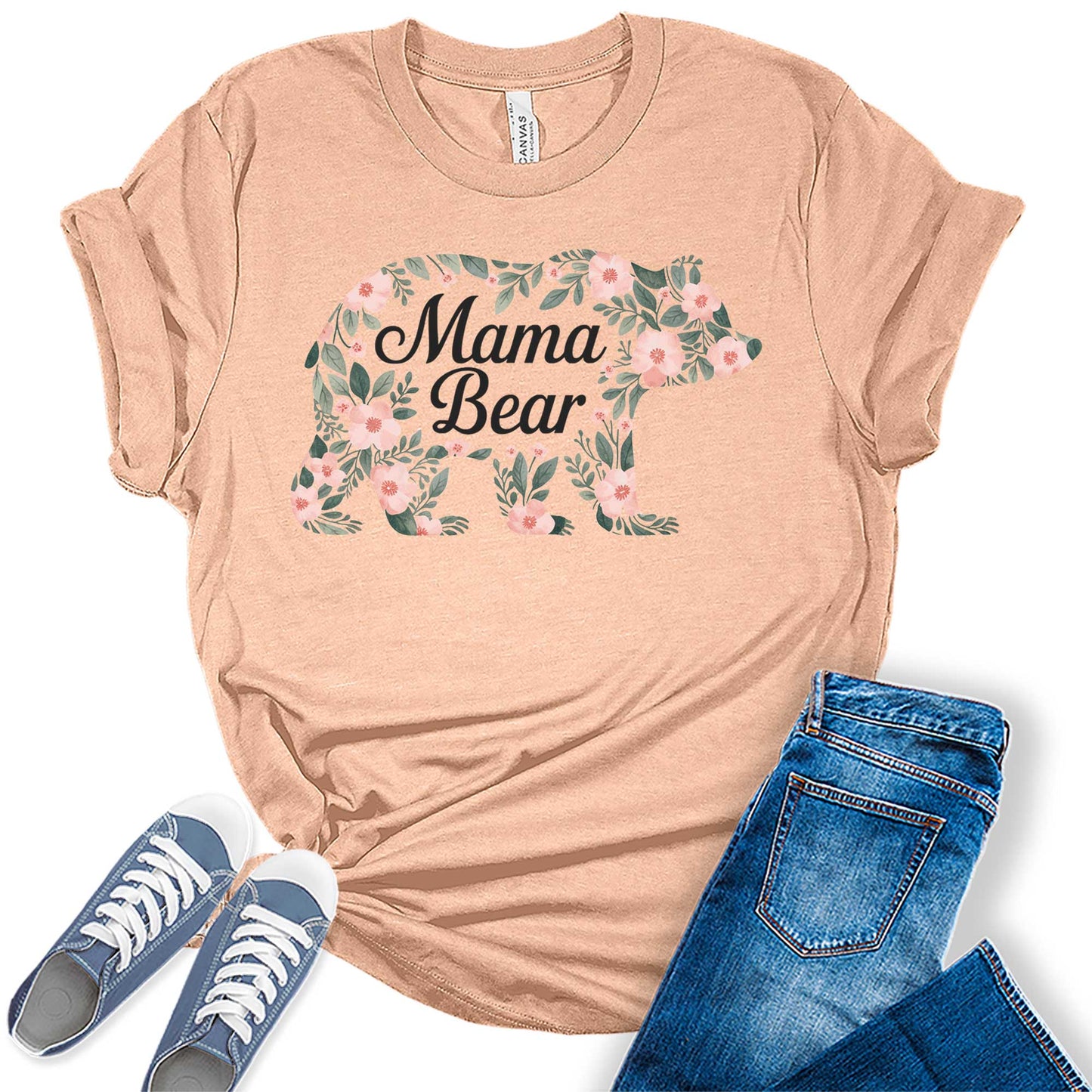 Womens Mama Shirt Mom Floral Bear Casual Graphic Tees Bella Plus Sized Tops