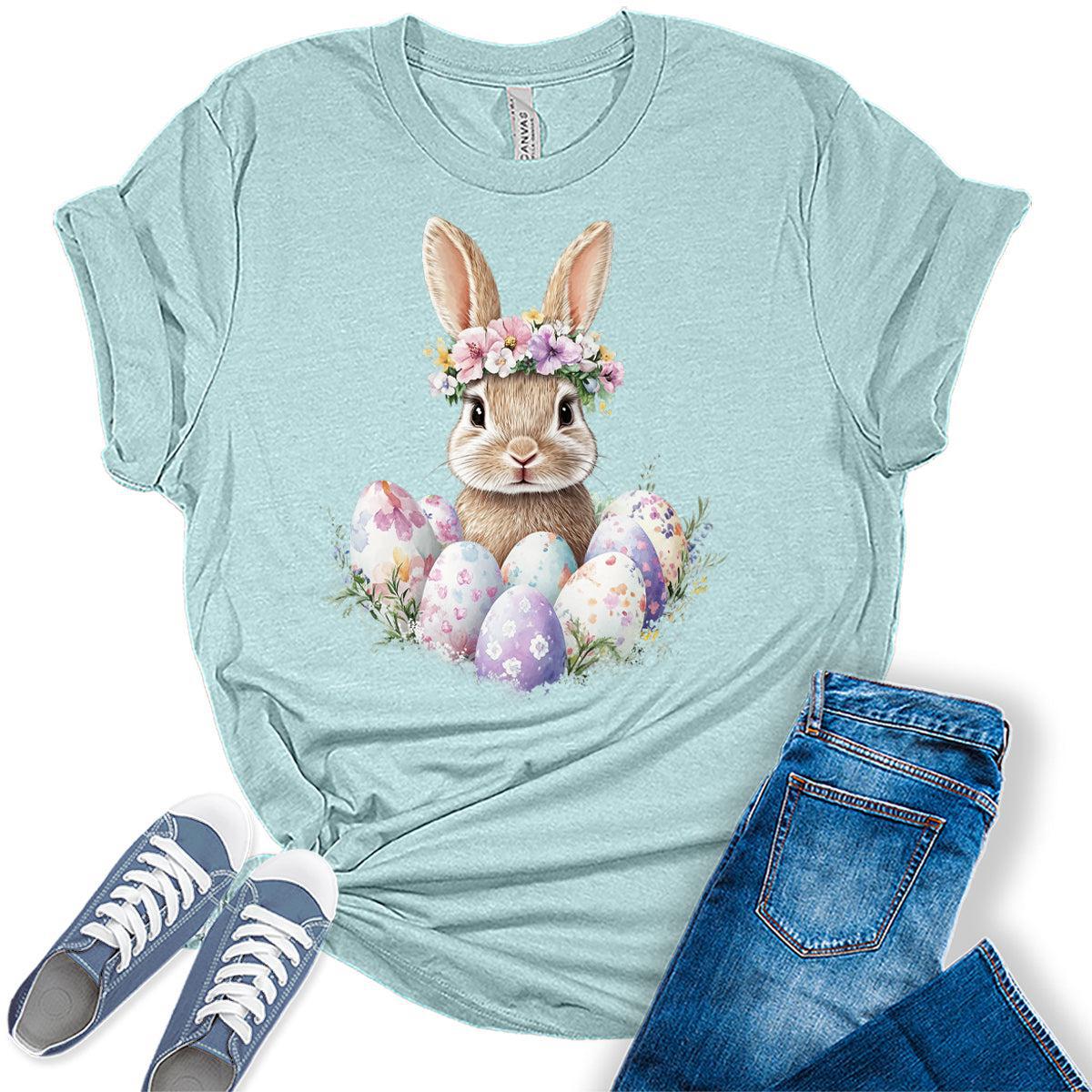 Women's Easter Shirts Bunny Eggs Cute Trendy Casual Graphic Tees Bella Plus Sized Tops