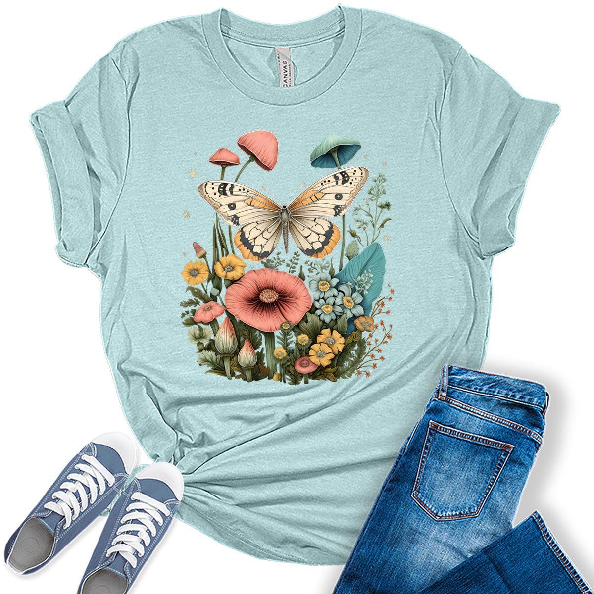 Womens Floral Shirts Wildflower Vintage Moth Moon Graphic Tees Spring Cottagecore T Shirts Bella Summer Tops