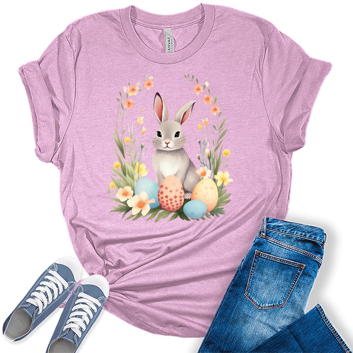 Women's Easter Shirts Bunny Eggs Cute Trendy Casual Graphic Tees Bella Plus Sized Tops