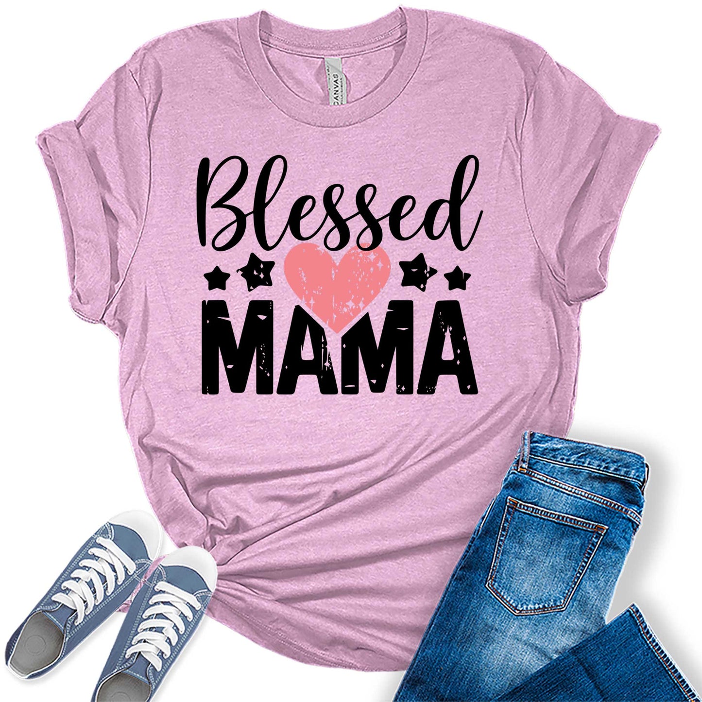 Women's Blessed Mama Shirt Mom Women Mother's Day T-Shirt Heart Casual Graphic Tees Bella Plus Sized Tops