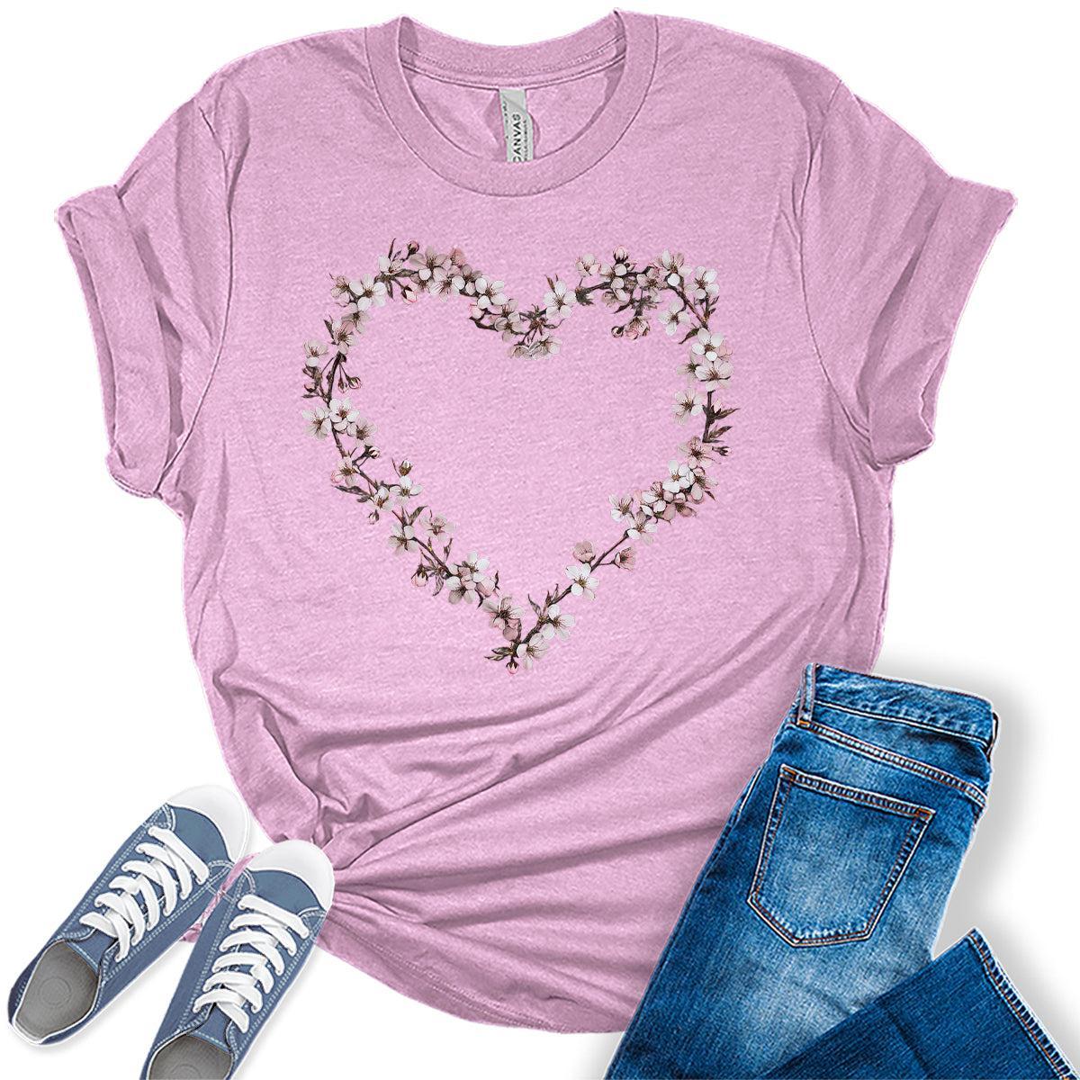 Womens Floral Shirts Cherry Blossom Heart Graphic Tees Spring Cottagecore T Shirts Bella Summer Tops