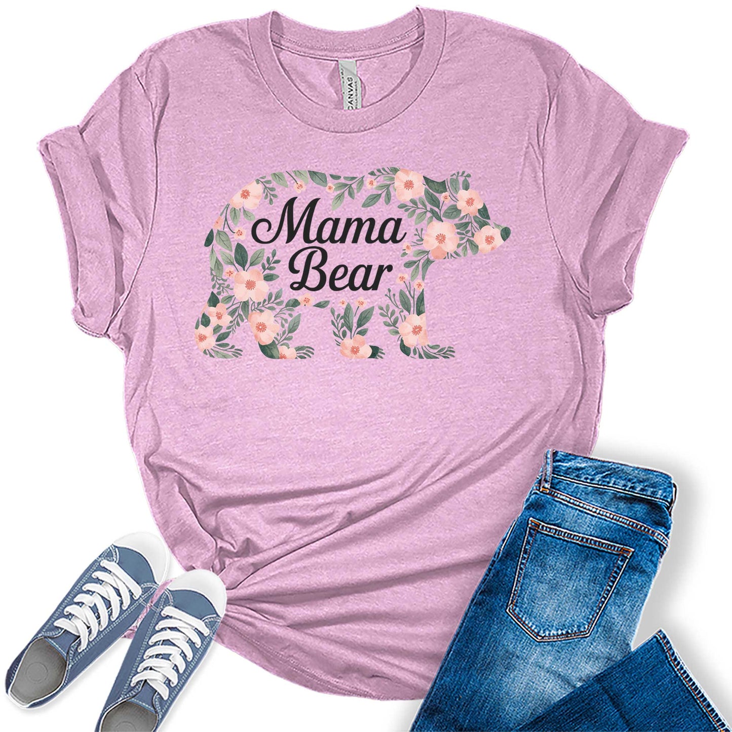 Womens Mama Shirt Mom Floral Bear Casual Graphic Tees Bella Plus Sized Tops