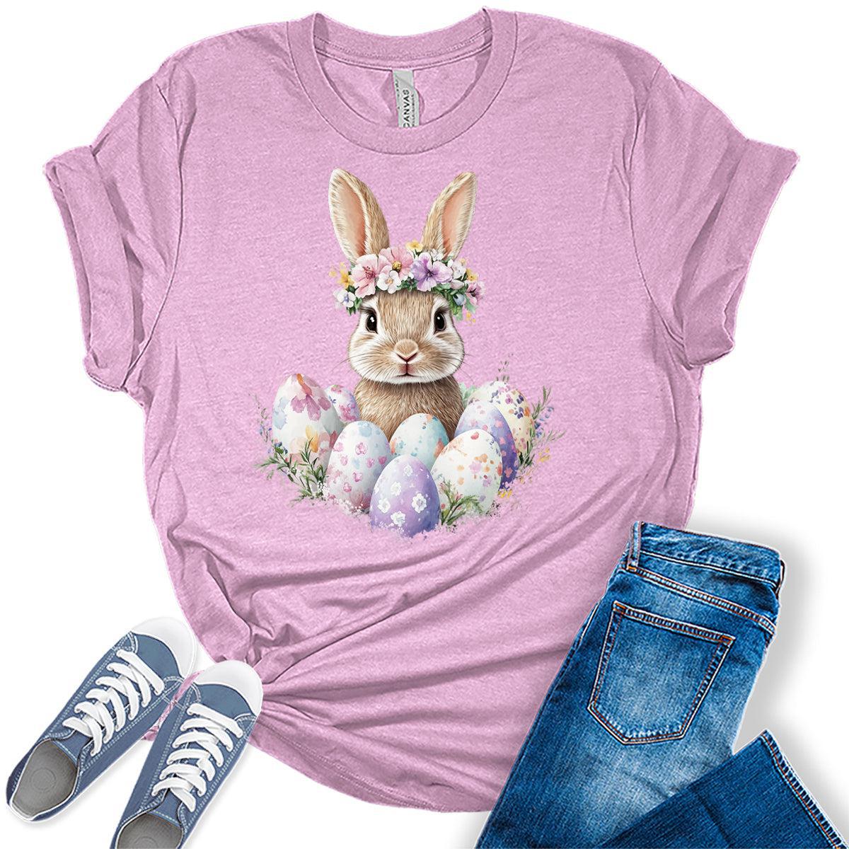 Women's Easter Shirts Bunny Eggs Cute Trendy Casual Graphic Tees Bella Plus Sized Tops
