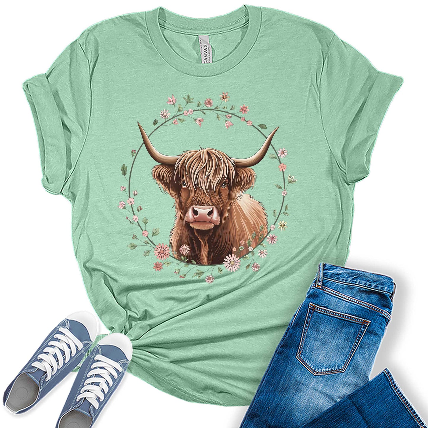 Floral Highland Cow Shirt Cute Cowgirl Tshirt Plus Size Graphic Tees for Women Short Sleeve Summer Tops