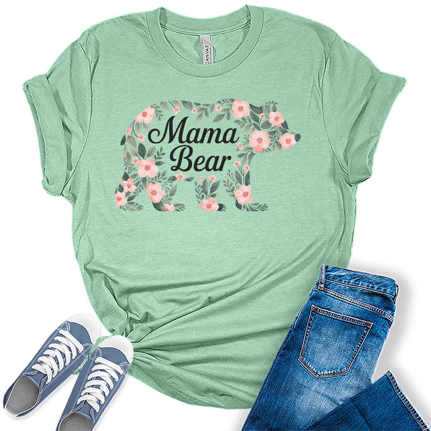 Womens Mama Shirt Mom Floral Bear Casual Graphic Tees Bella Plus Sized Tops