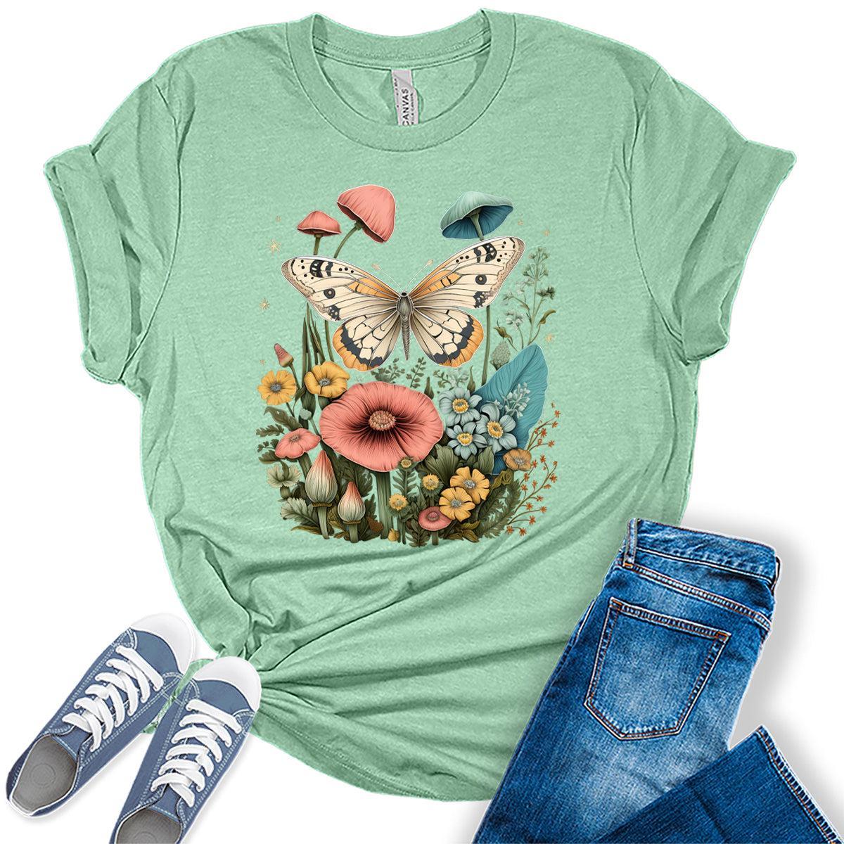 Womens Floral Shirts Wildflower Vintage Moth Moon Graphic Tees Spring Cottagecore T Shirts Bella Summer Tops