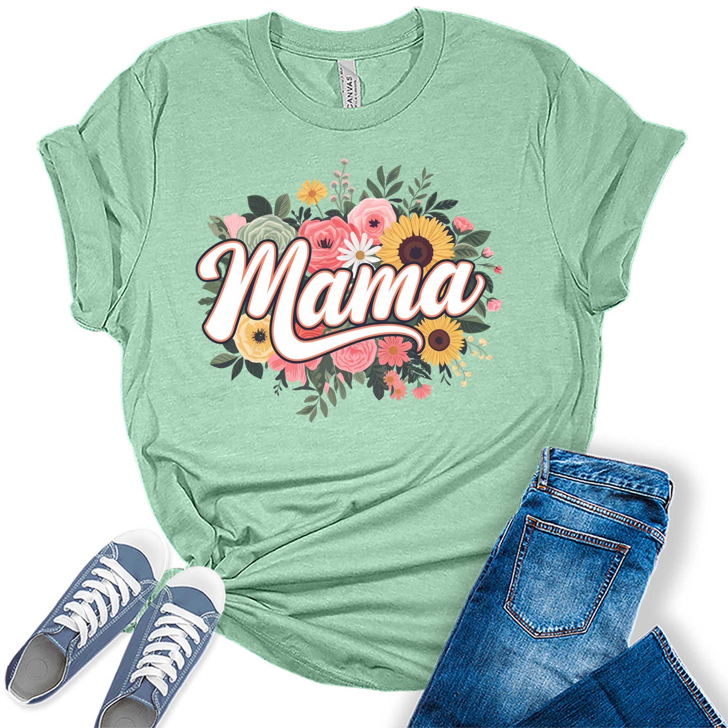 Women's Retro Mama Floral Casual Graphic Tees Bella Plus Sized Tops
