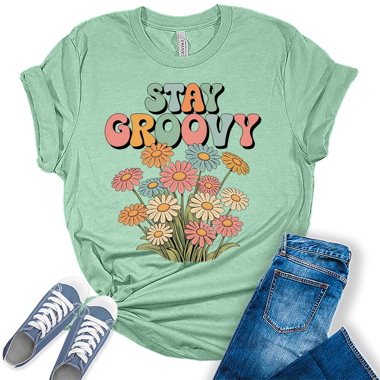 Women's Retro Stay Groovy Shirt Casual 70s Hippie Graphic Tees Bella Plus Sized Tops