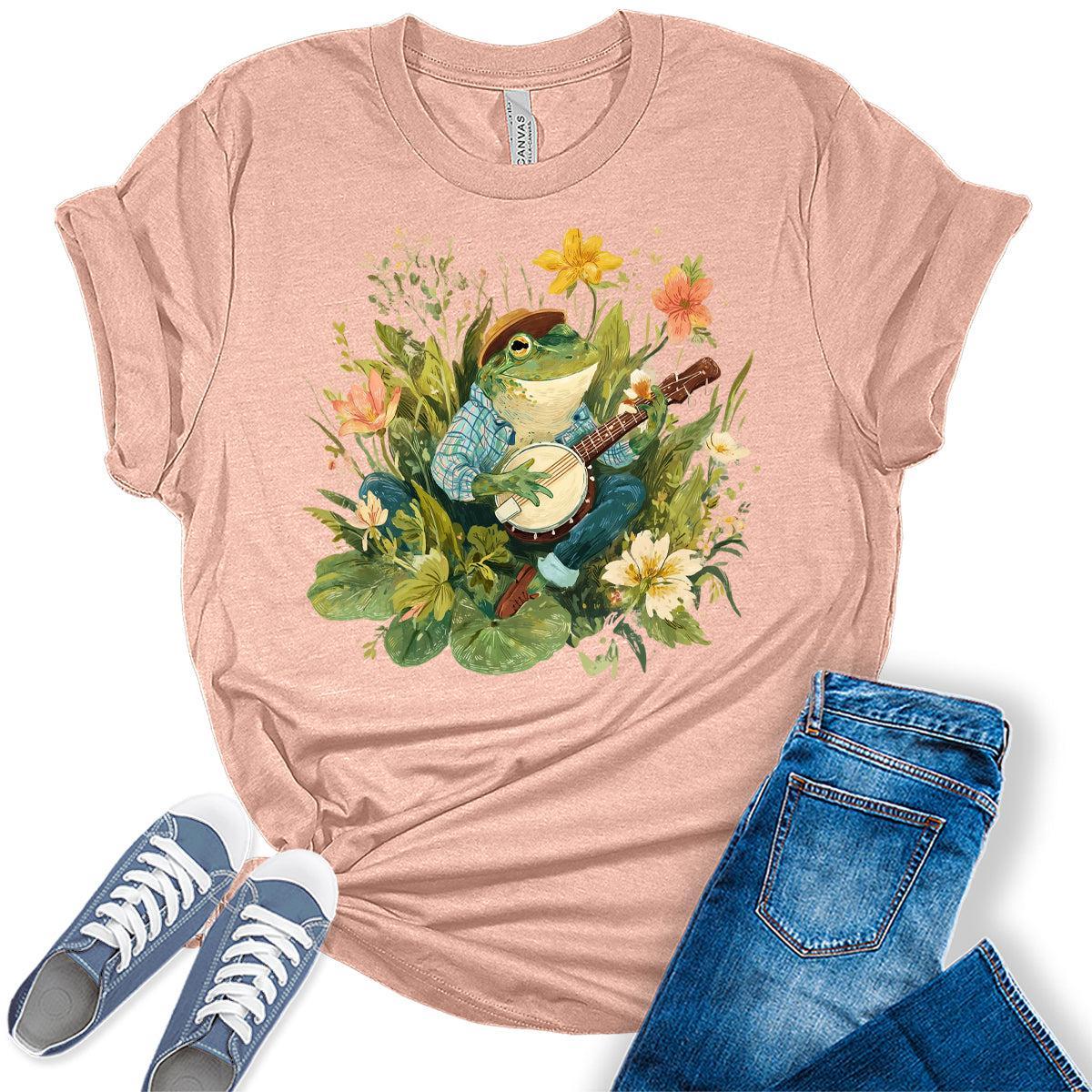 Womens Frog Shirts Wildflower Vintage Graphic Tees Spring Cottagecore T Shirts Bella Summer Tops