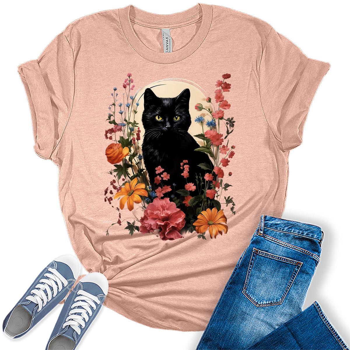 Womens Cat Shirts Wildflower Vintage Spring Graphic Tees Spring Cottagecore T Shirts Bella Summer Tops