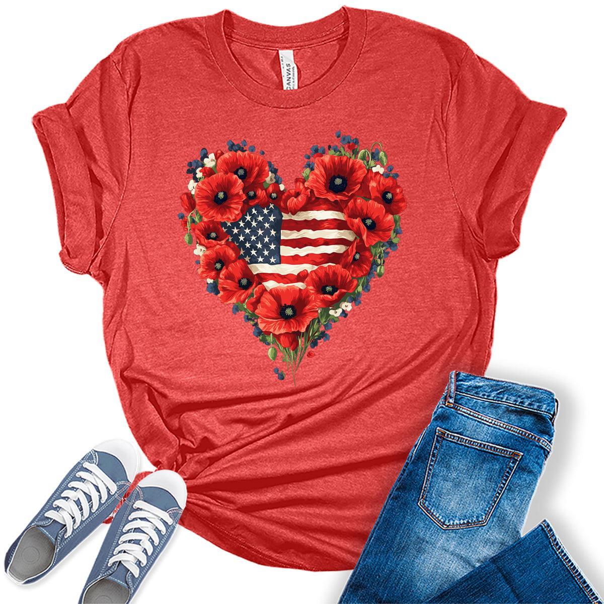 Poppies Heart 4th of July Shirts For Women Patriotic Flag Graphic Tees Floral Heart Bella Plus Sized Tops