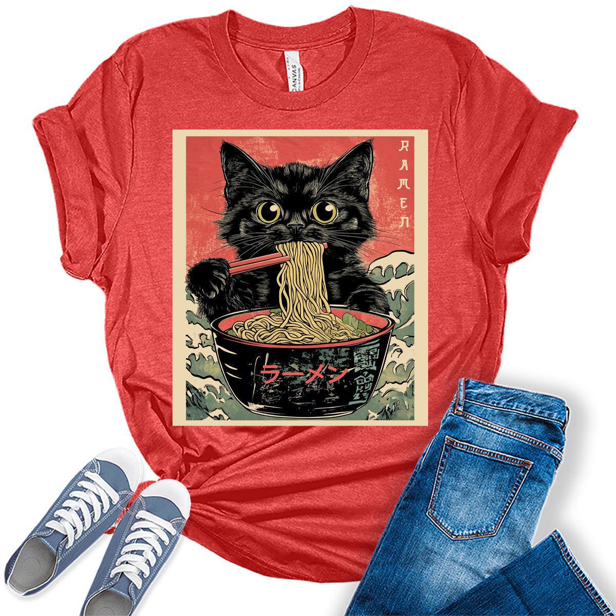Cat Ramen Japanese Funny Graphic Tees Kawaii Cat Anime Gifts Women's T-Shirt