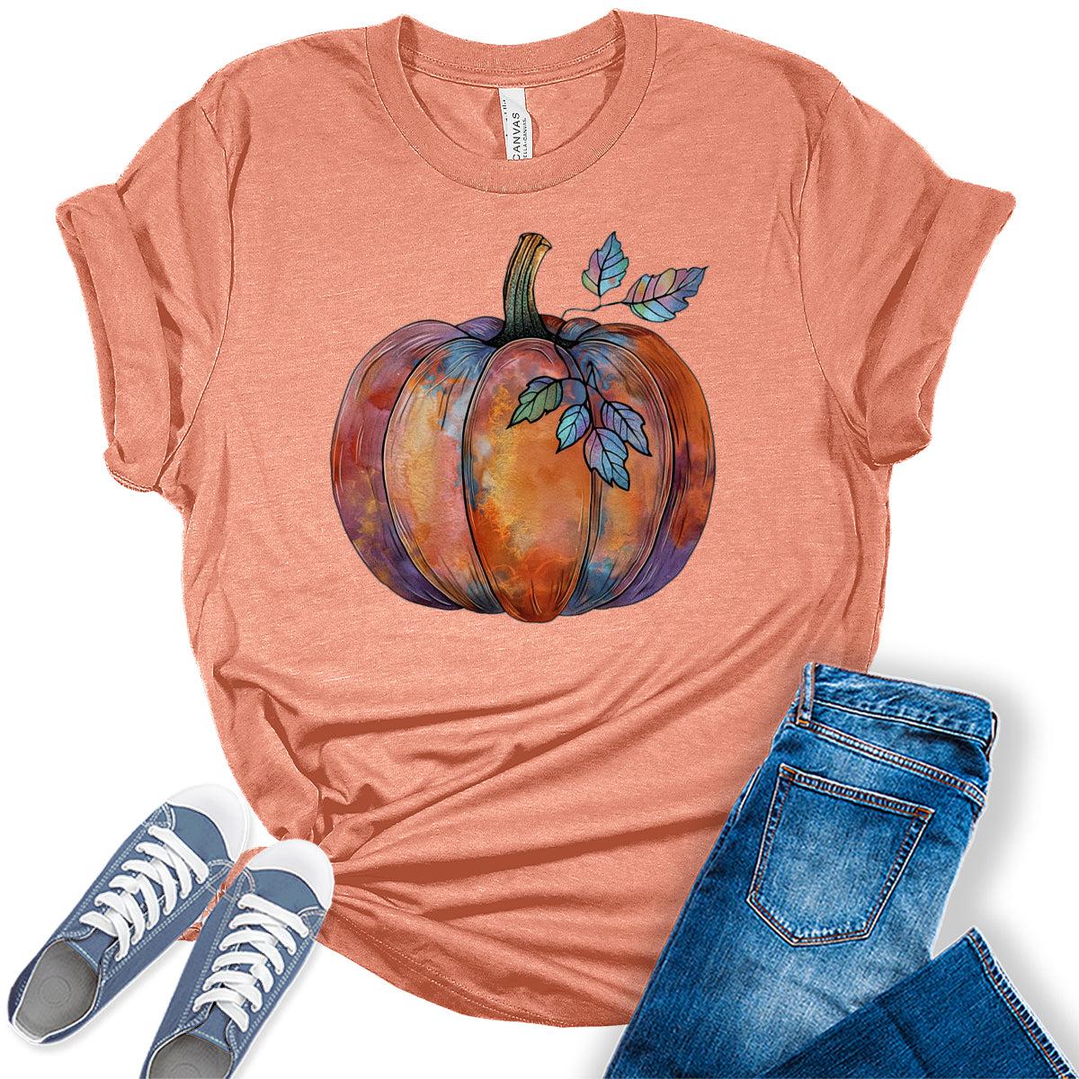 Halloween Pumpkin Shirt Women's Graphic Tees Funny Cute Short Sleeve Fall Shirt Thanksgiving Gift Tops