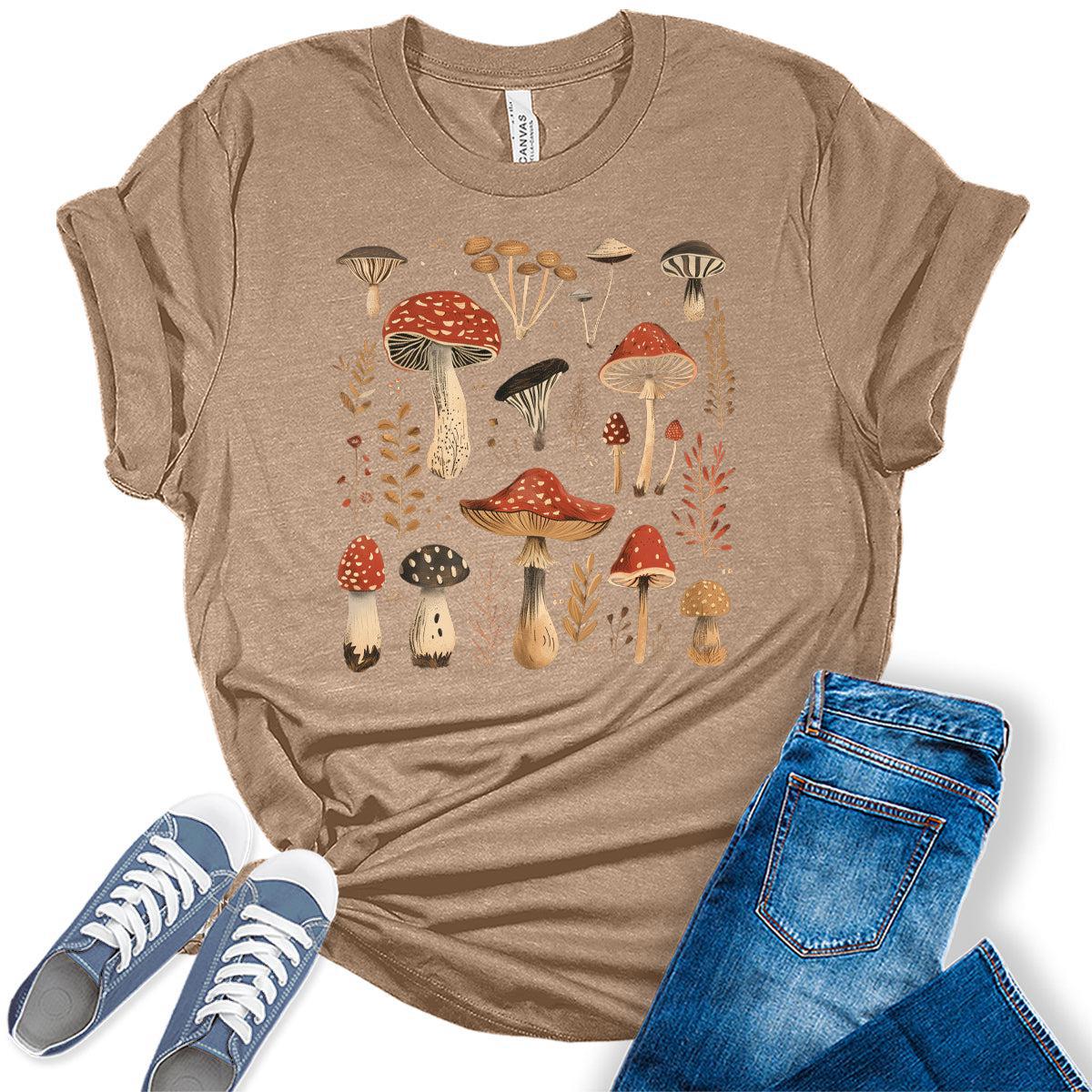 Women's Vintage Summer Mushroom Shirts Cottagecore Cute Trendy Casual Graphic Tees Bella Plus Sized Tops