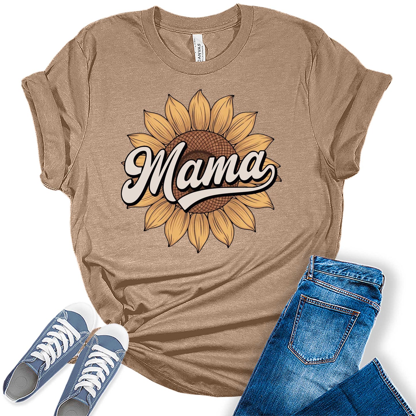 Women's Retro Mama Sunflower Floral Summer Vintage Casual Graphic Tees Bella Plus Sized Tops