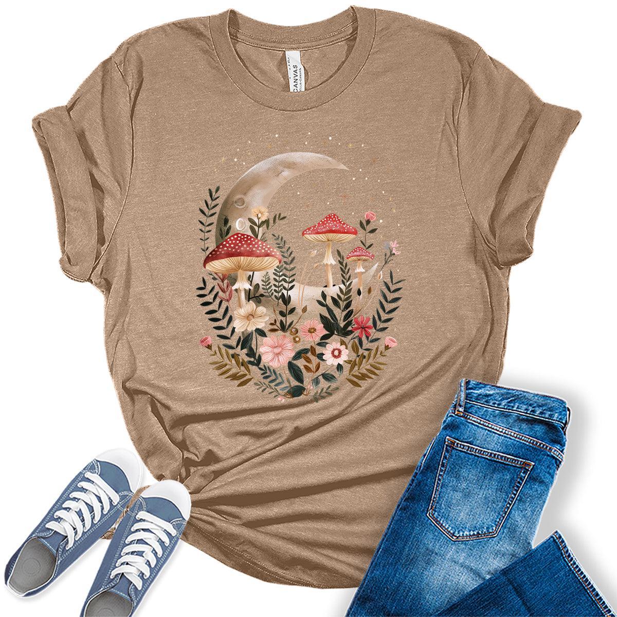 Womens Mushroom Shirts Wildflower Vintage Moon Graphic Tees Spring Cottagecore T Shirts Bella Summer Tops