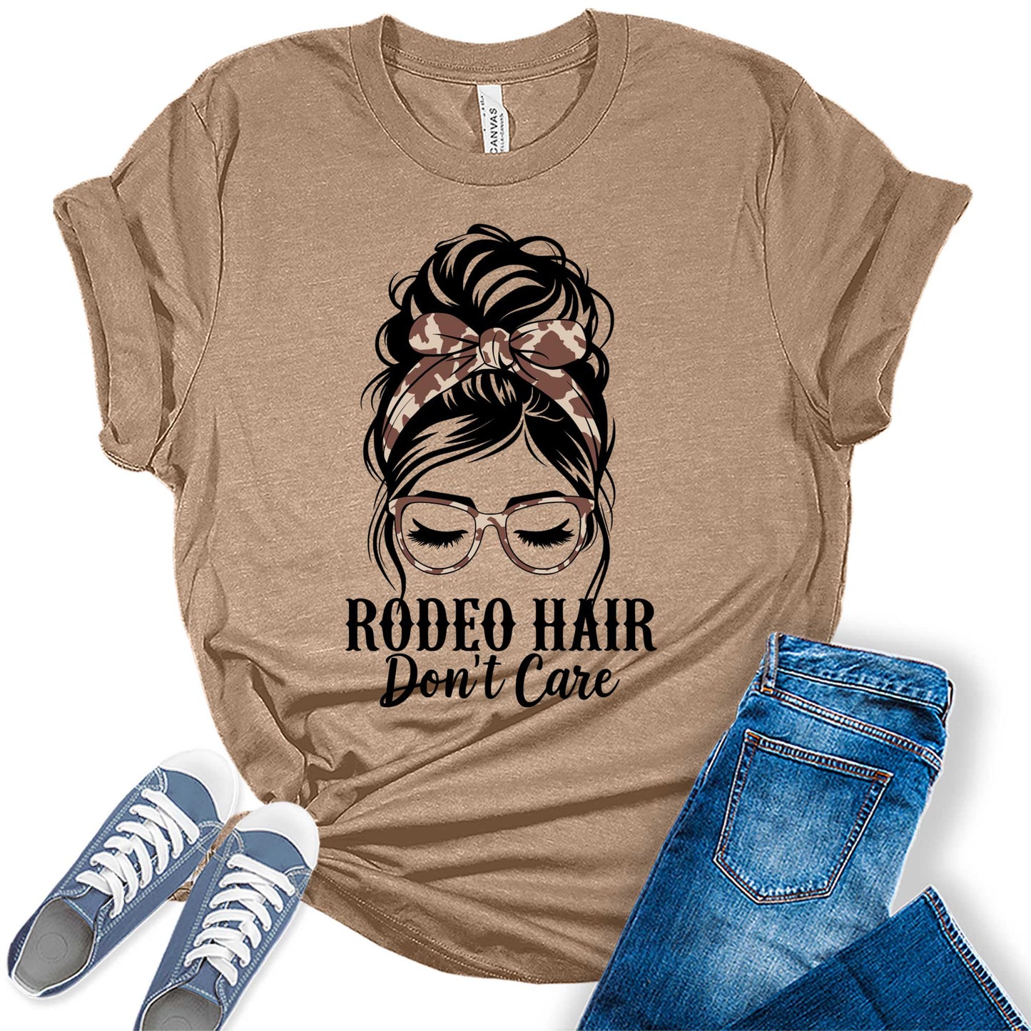 Western Outfit For Women Summer Rodeo Hair Don't Care Messy Bun Graphic Tees Bella Plus Size Tops
