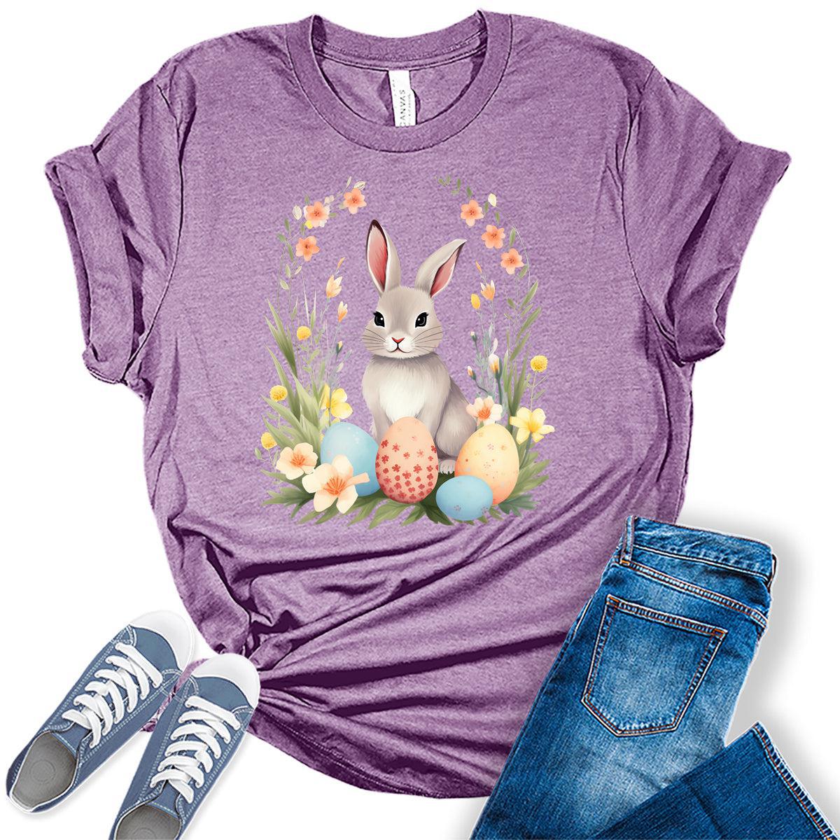 Women's Easter Shirts Bunny Eggs Cute Trendy Casual Graphic Tees Bella Plus Sized Tops