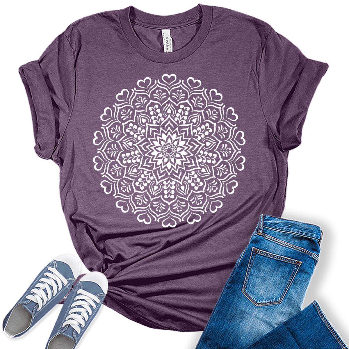Heart Mandala Shirt Casual Vintage Graphic Tees for Women Short Sleeve Plus Size Summer Tops
