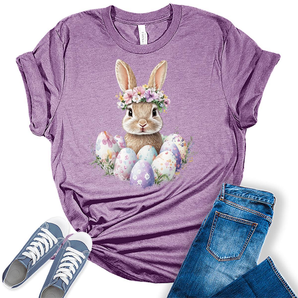 Women's Easter Shirts Bunny Eggs Cute Trendy Casual Graphic Tees Bella Plus Sized Tops
