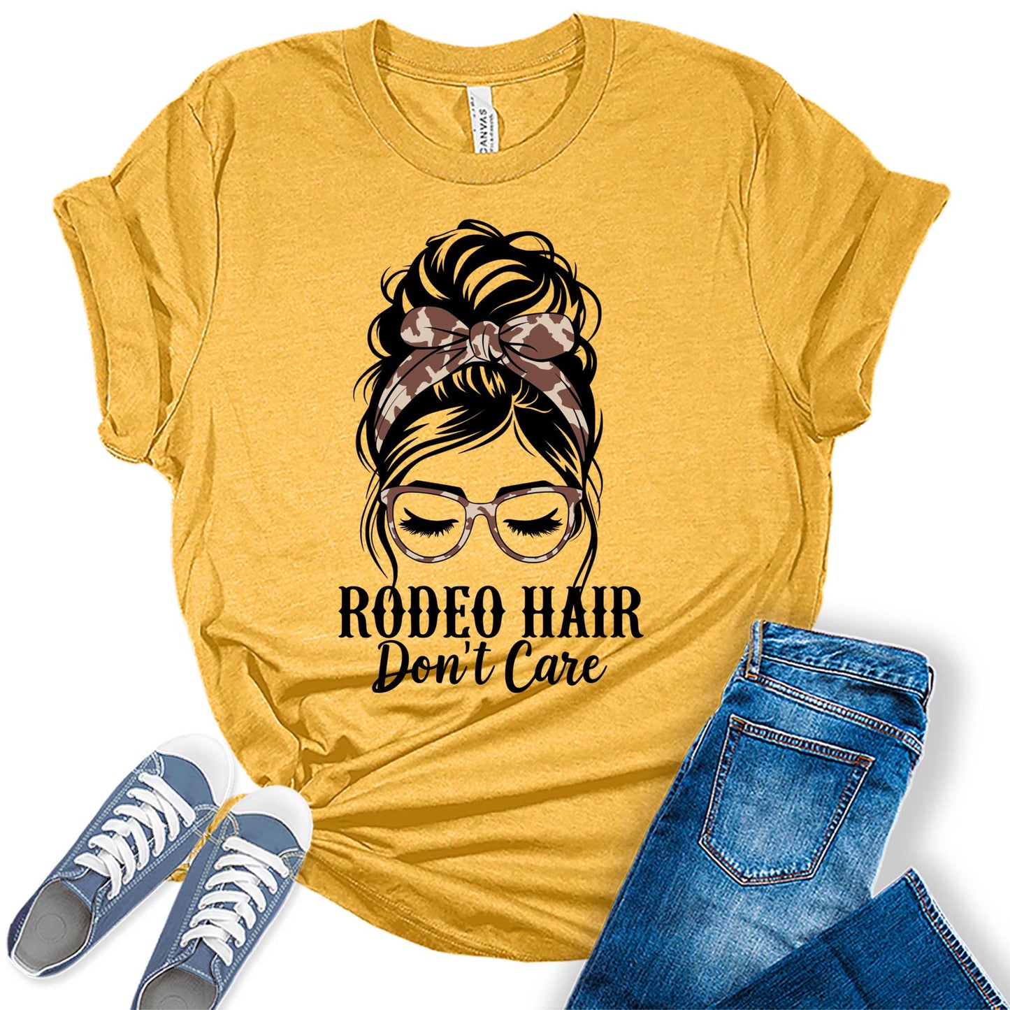 Western Outfit For Women Summer Rodeo Hair Don't Care Messy Bun Graphic Tees Bella Plus Size Tops