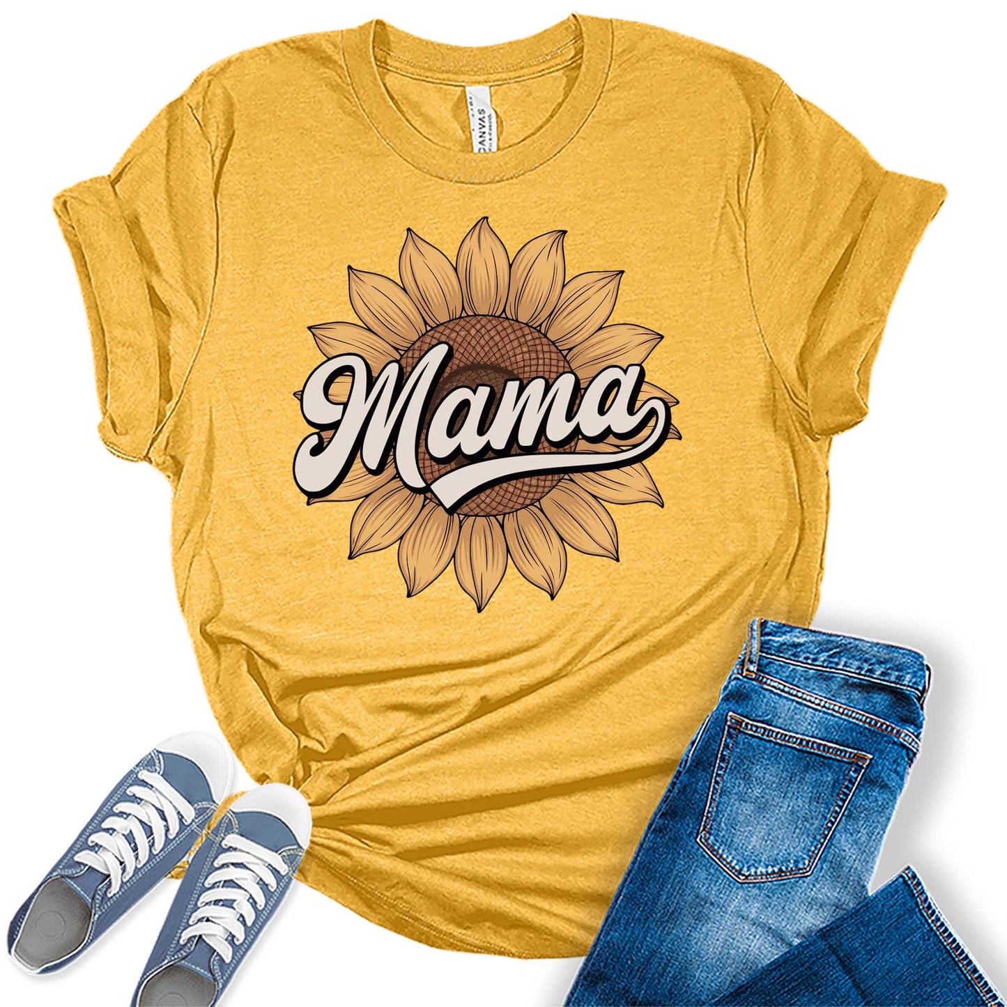 Women's Retro Mama Sunflower Floral Summer Vintage Casual Graphic Tees Bella Plus Sized Tops