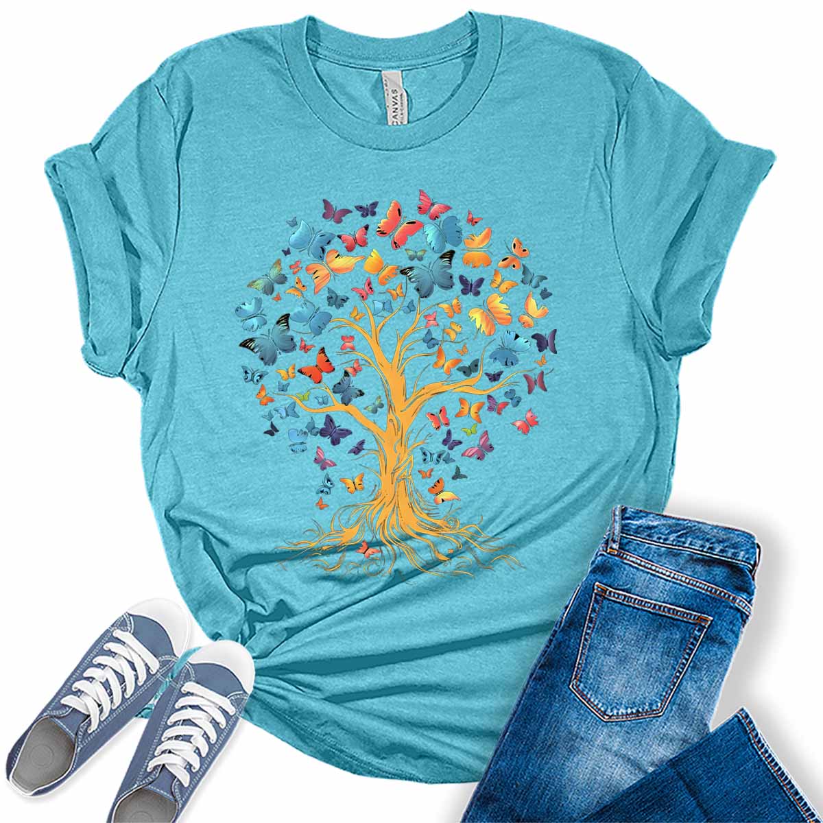 Butterfly Tree Shirt Casual Ladies Cute Floral Bella Graphic Tees Spring Short Sleeve Plus Size Summer Tops for Women