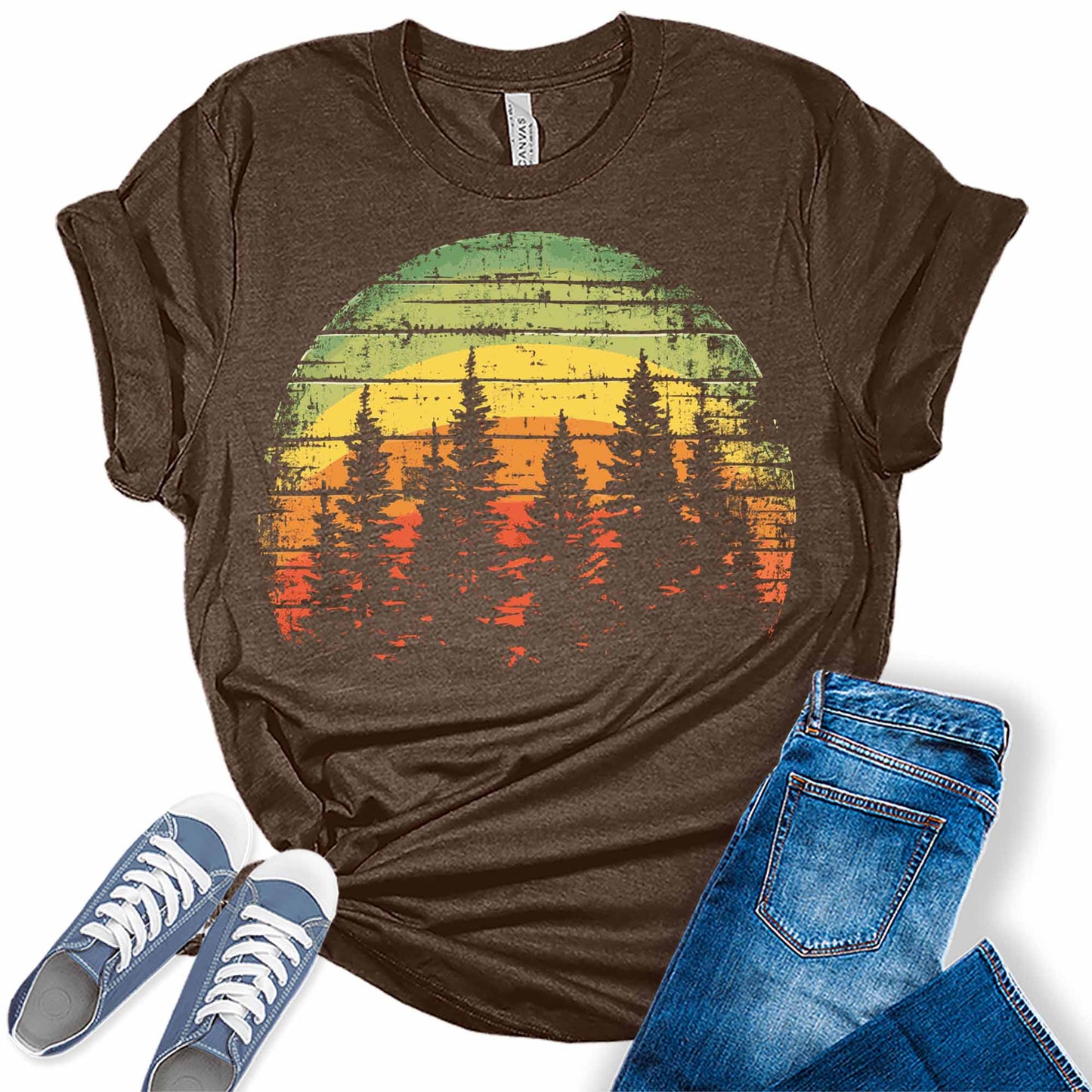 Trendy Hiking Pine Trees Sunset Womens Graphic Tees