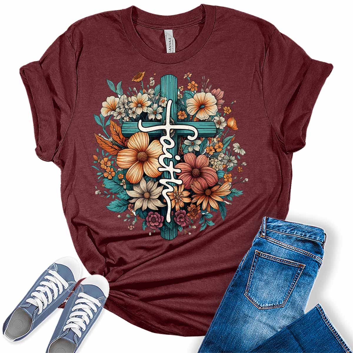 Faith Shirt Floral Cross Tshirts Christian Graphic Tees for Women