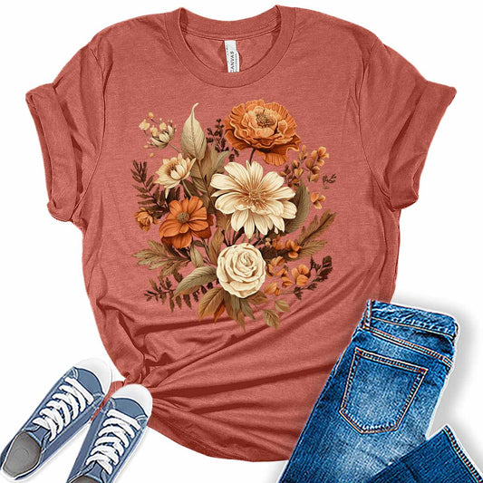 Cottagecore Shirts Fall Floral Graphic Tees for Women Vintage Flower Tshirts