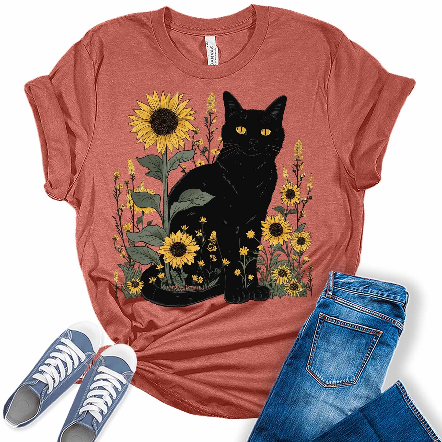 Womens Sunflower Cat Shirt Boho Tops Vintage Trendy Oversized Graphic Tees