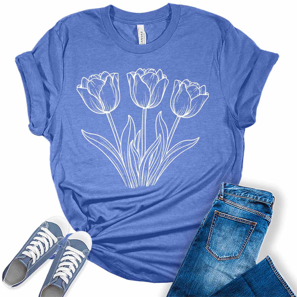 Womens Tulip Shirts Casual Ladies Cute Floral Graphic Tees Spring Short Sleeve T Shirts Plus Size Summer Tops for Women
