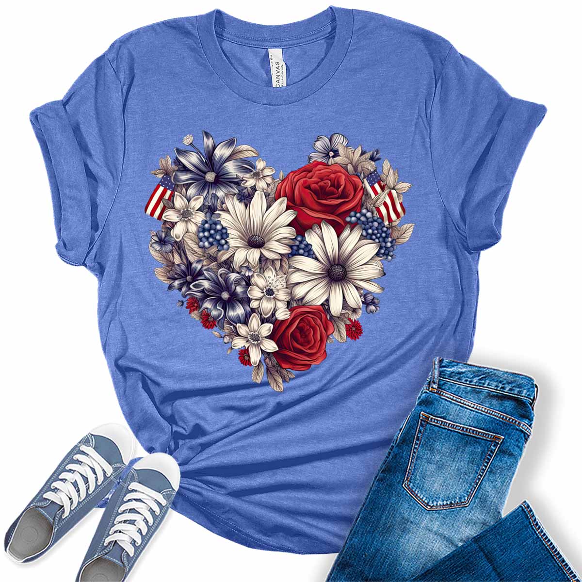 Womens 4th of July Shirts Patriotic American Flag Floral Heart Tshirts Bella Sunflower Short Sleeve Summer Graphic Tees