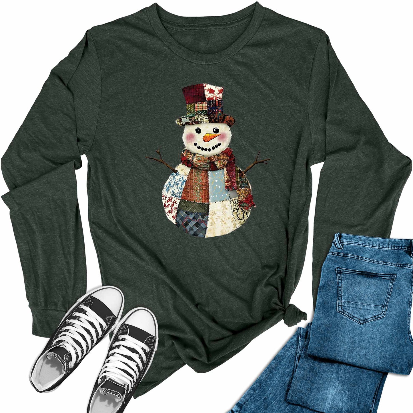 Women's Patch Snowman Christmas Holiday Long Sleeve Graphic Tees