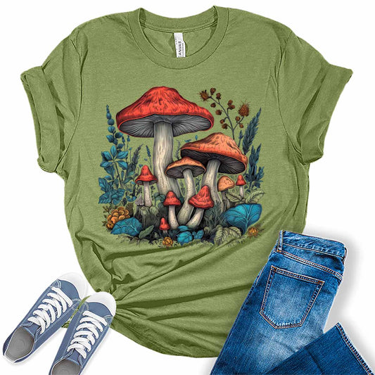 Trendy Mushroom Shirts Cottagecore Tshirts Aesthetic Casual Bella Graphic Tees for Women