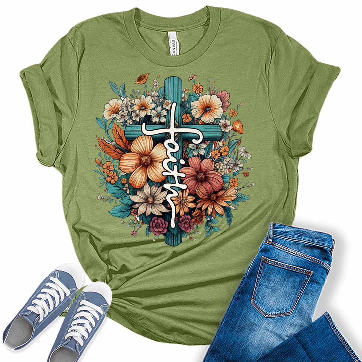 Faith Shirt Floral Cross Tshirts Christian Graphic Tees for Women