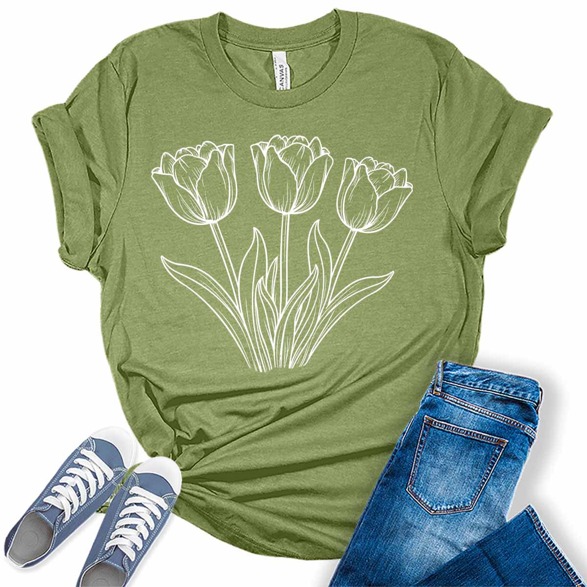 Womens Tulip Shirts Casual Ladies Cute Floral Graphic Tees Spring Short Sleeve T Shirts Plus Size Summer Tops for Women
