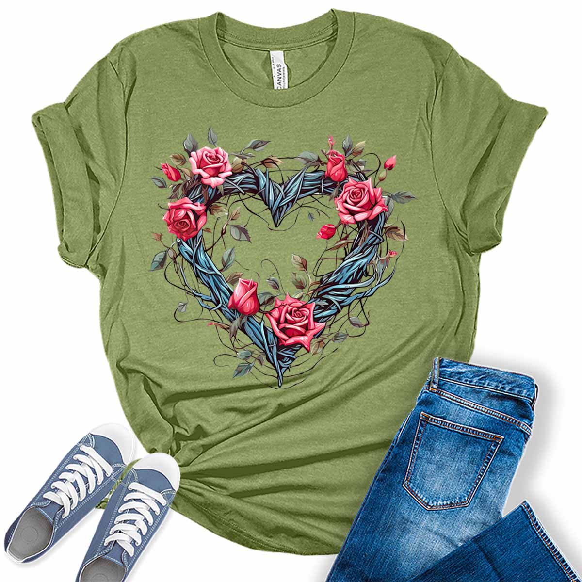 Womens Floral Vine Heart Shirt Cute Tshirts Bella Graphic Tees Casual Short Sleeve Summer Tops