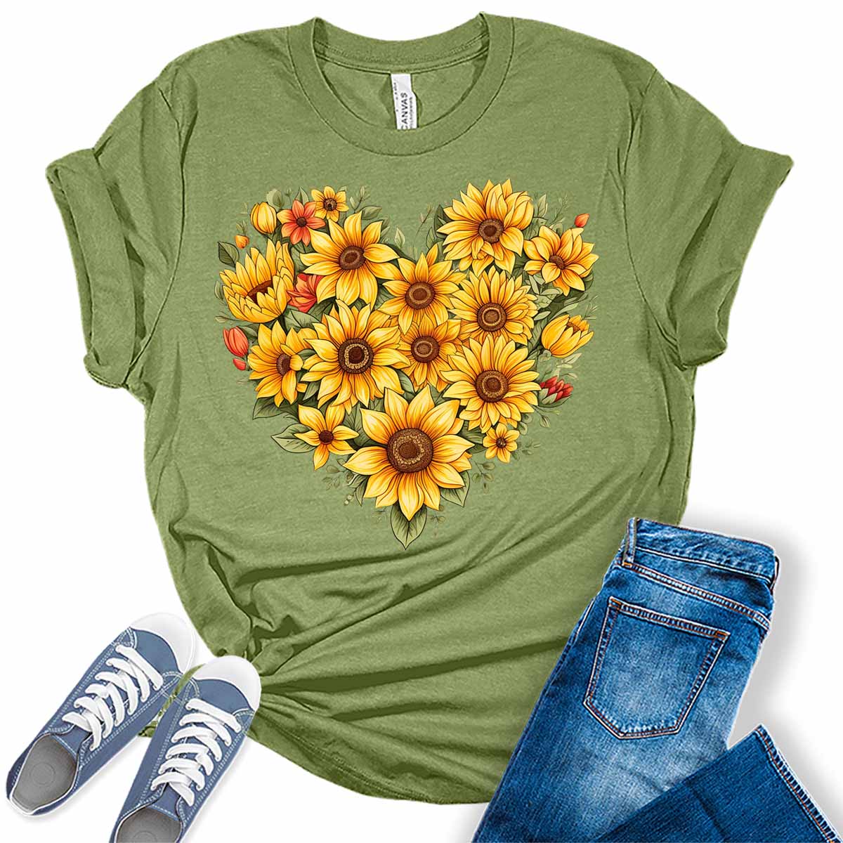 Sunflower Floral Heart Summer Womens Graphic Tee