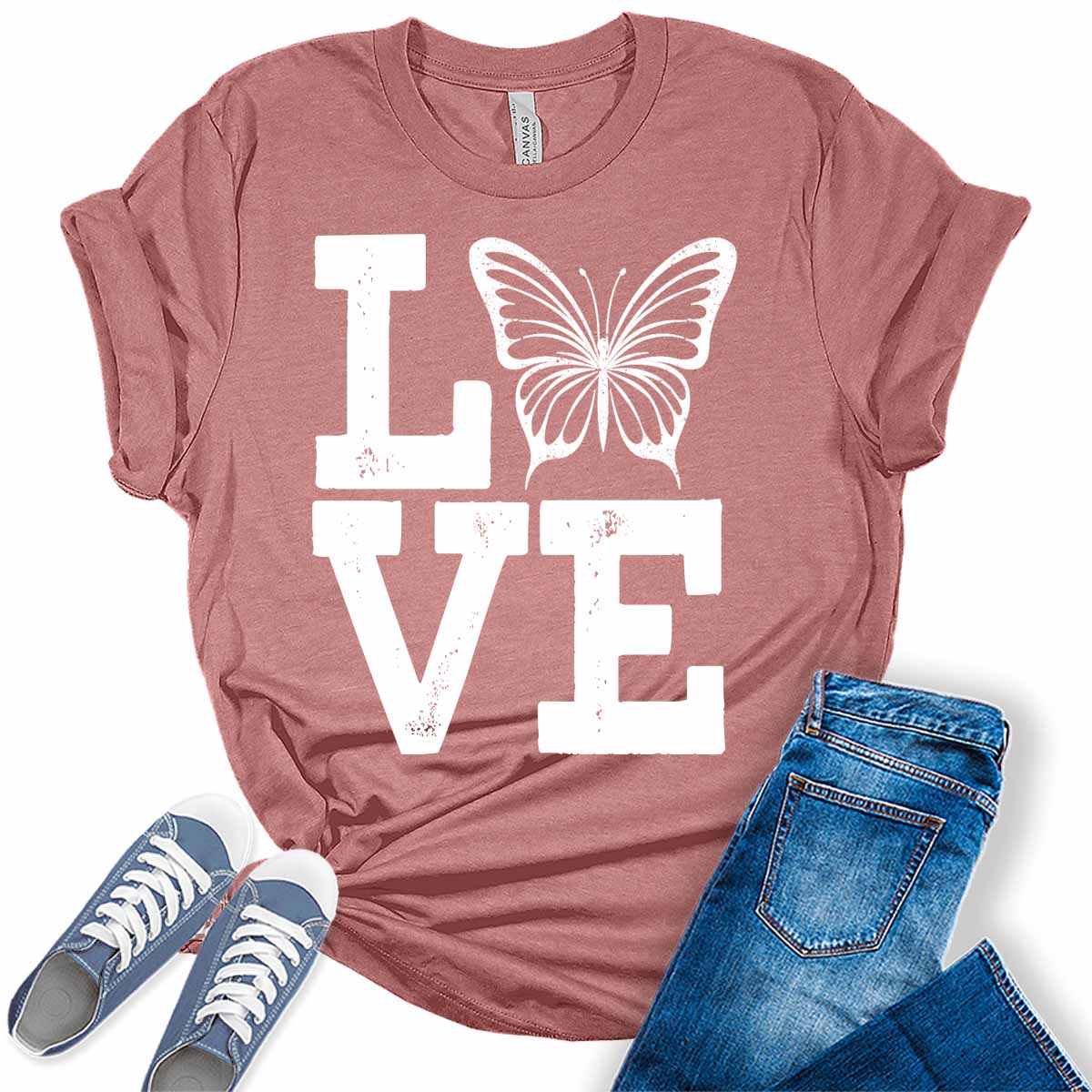 Love Shirt Cute Butterfly T Shirt Letter Print Graphic Tees for Women Summer Tops