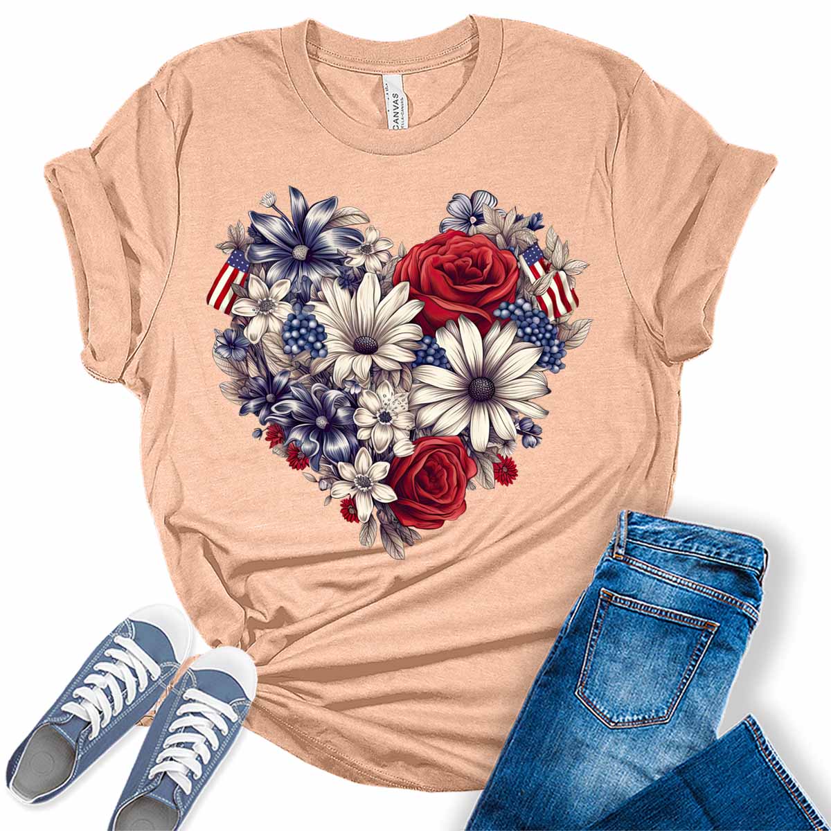 Womens 4th of July Shirts Patriotic American Flag Floral Heart Tshirts Bella Sunflower Short Sleeve Summer Graphic Tees