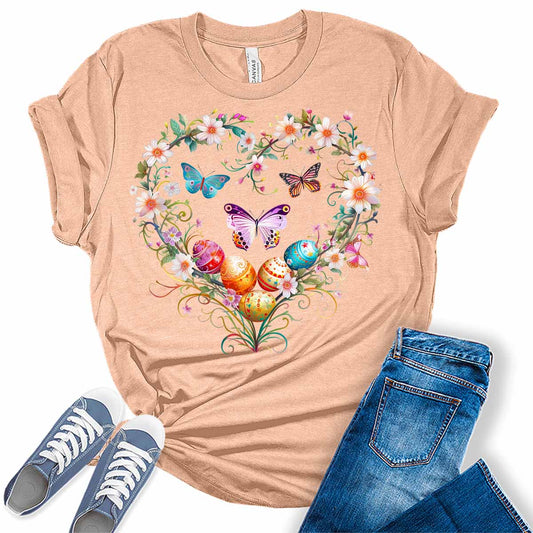 Floral Heart Butterfly Wreath Easter Egg Womens Graphic Tees