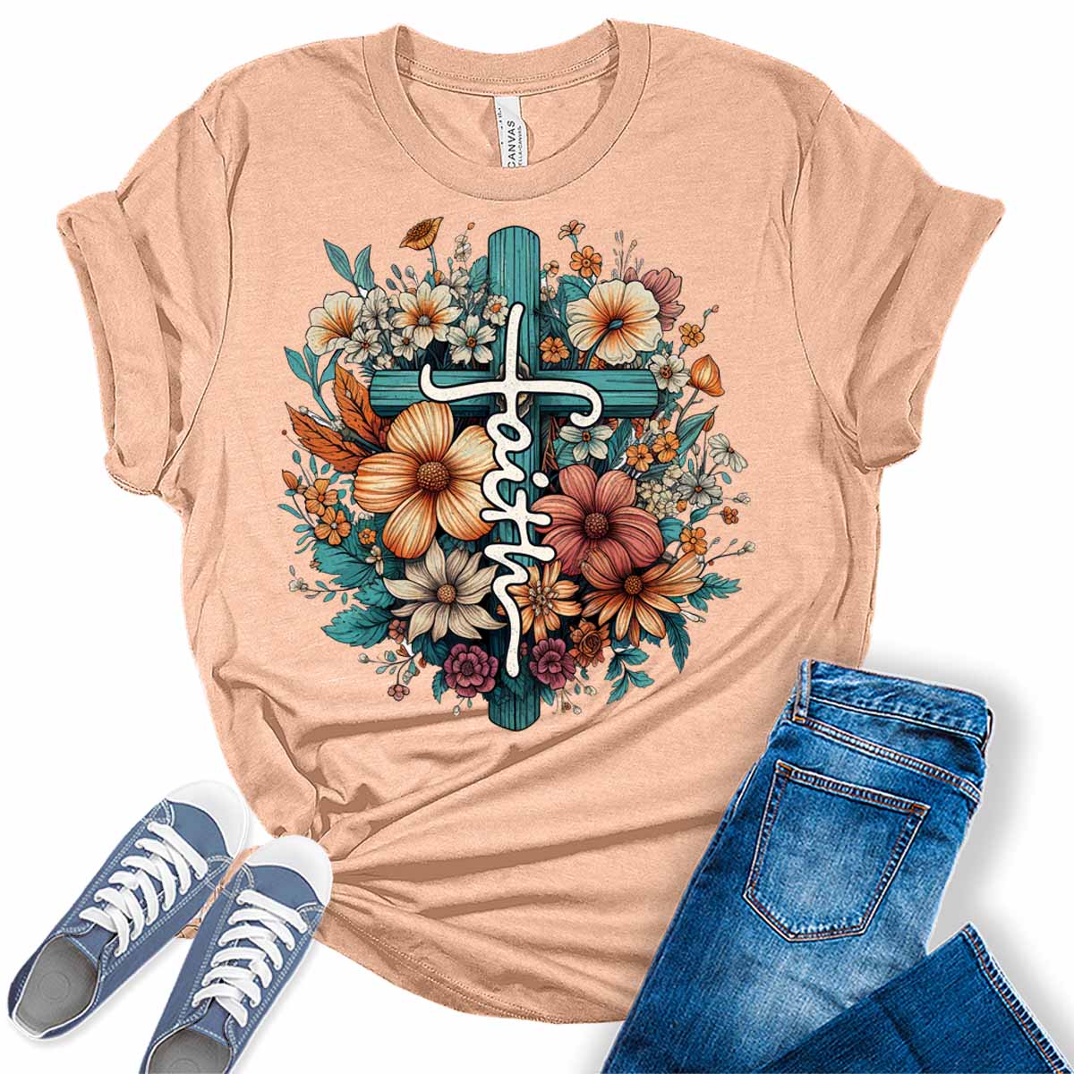 Faith Shirt Floral Cross Tshirts Christian Graphic Tees for Women
